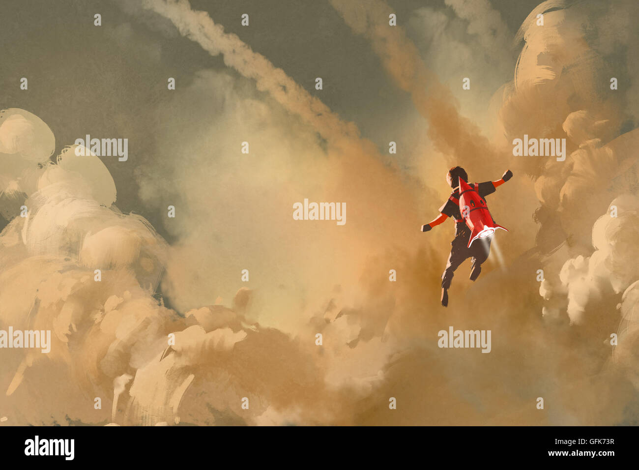boy flying in the cloudy sky with jet pack rocket,illustration painting Stock Photo