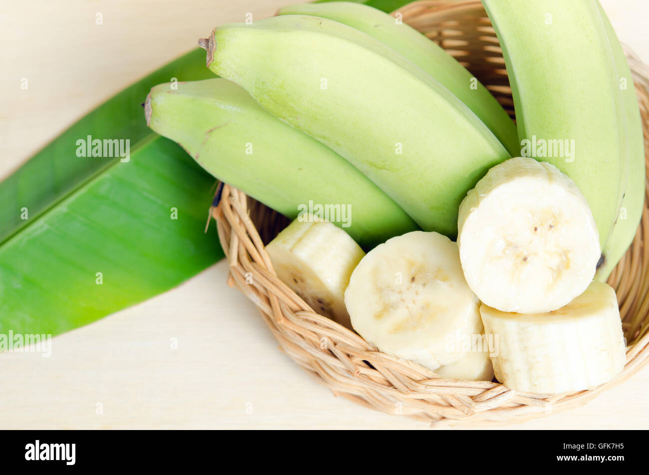 Banana (Other names are Musa banana acuminata, Musa balbisiana, and Musa x paradisiaca) fruit with leaf on basket Stock Photo