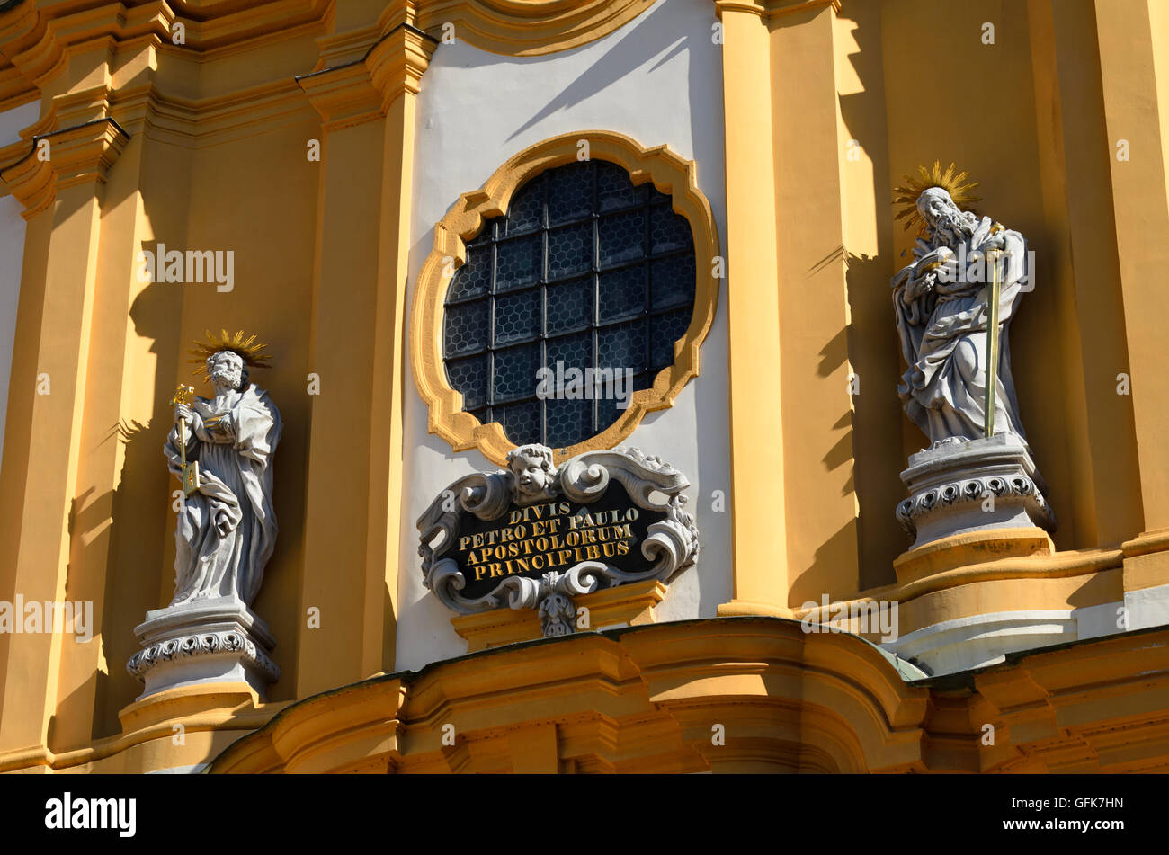 Melk: melk Abbey monastery: West facade of the church with the statues of Saints Peter and Paul, Austria, Niederösterreich, Lowe Stock Photo