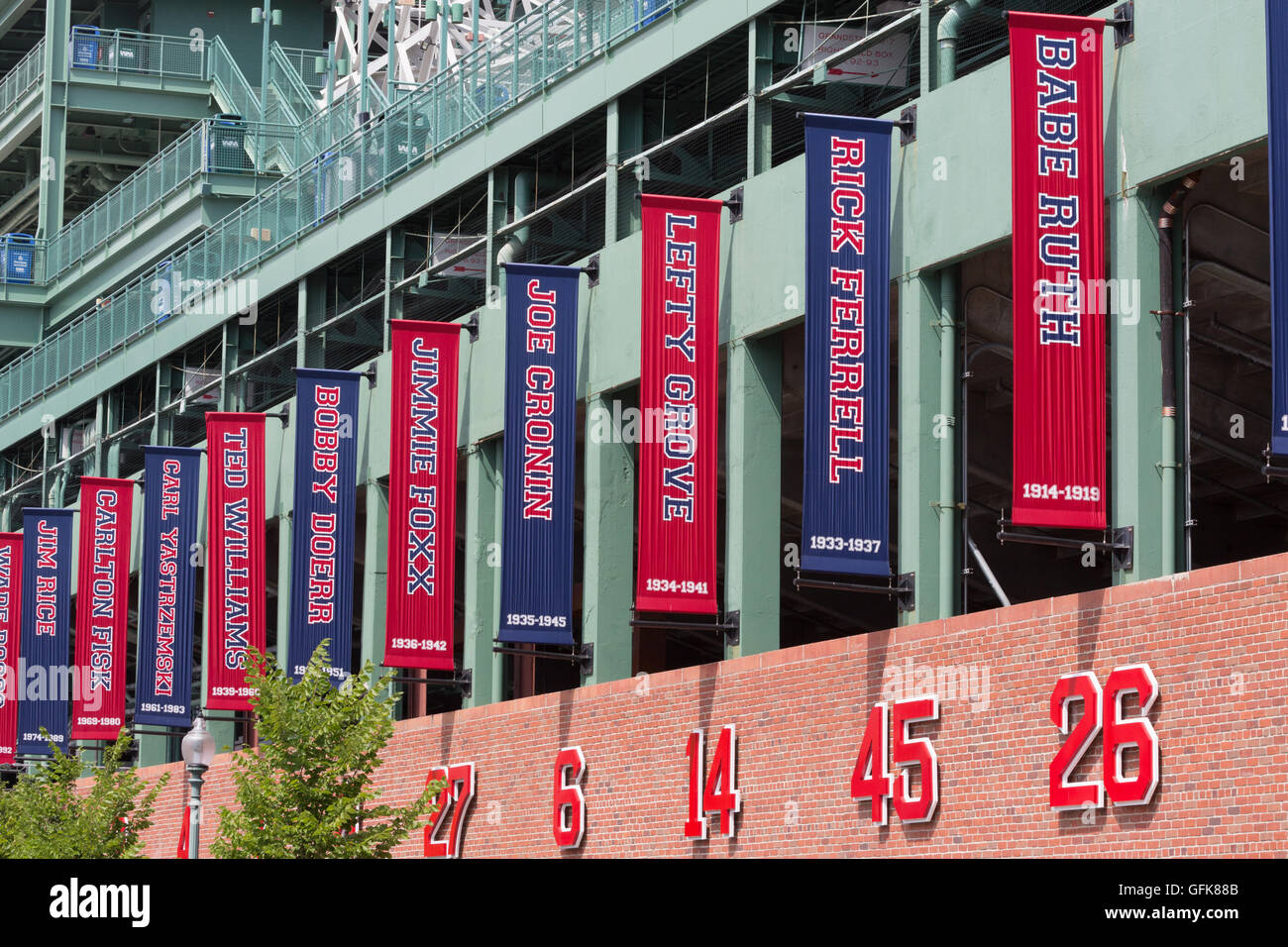 A Photograph Of Some Red And Blue Banners Outside Fenway Park In