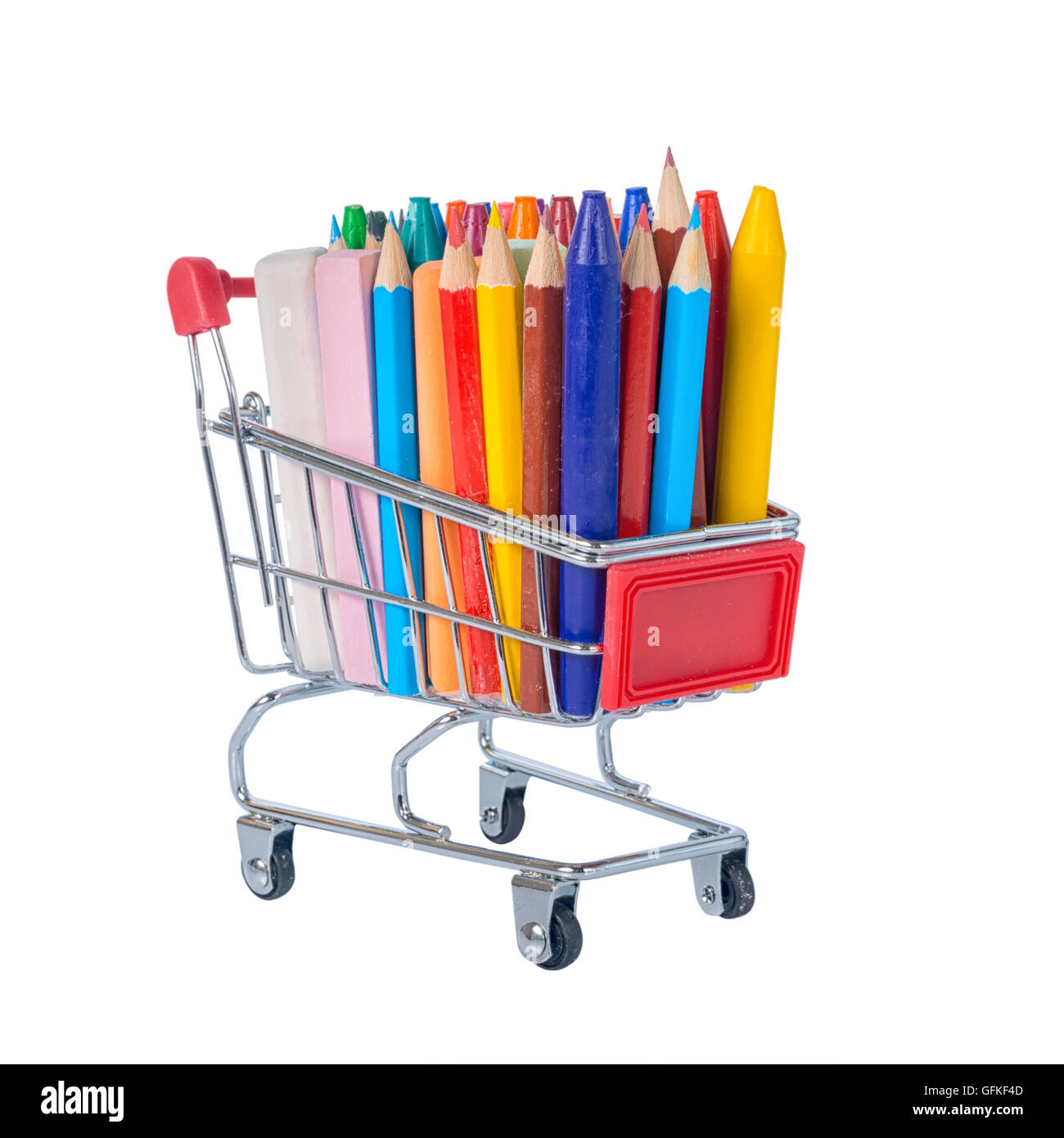 education concept with chrome shopping cart, pens, crayons, colorful