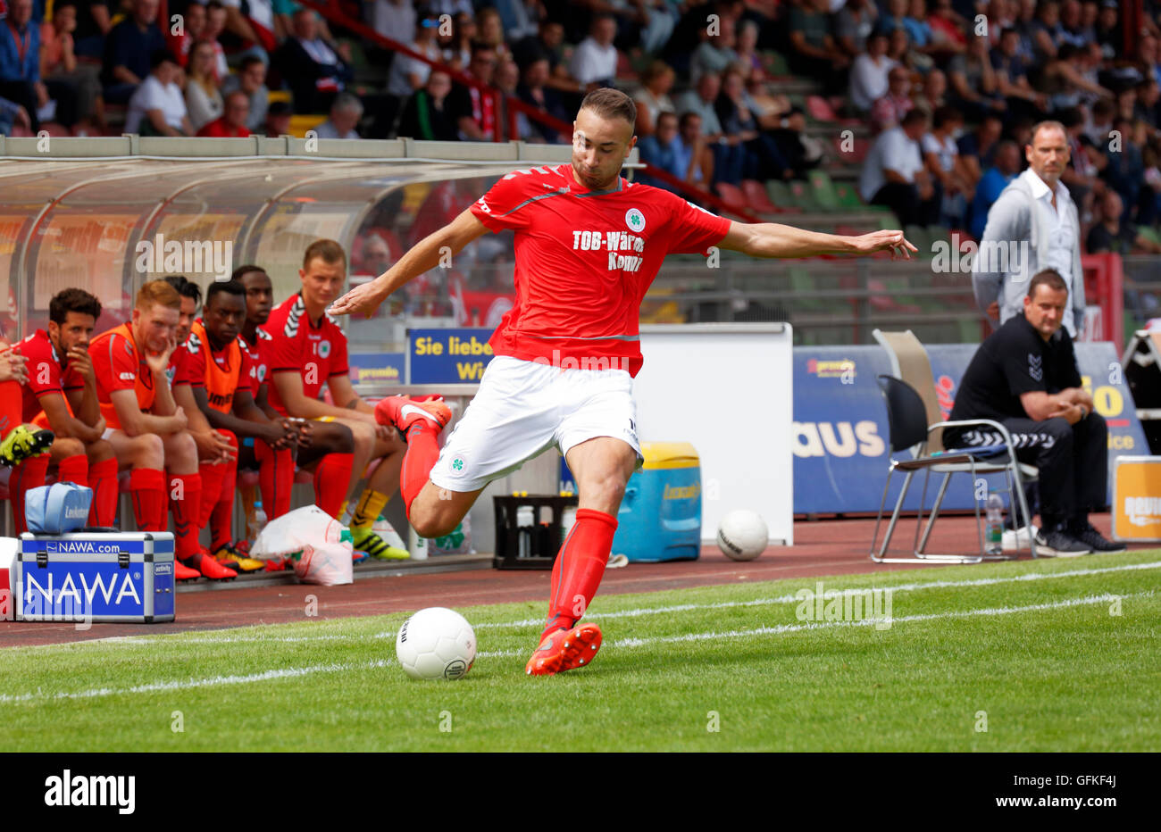 sports, football, Regional League West, 2016/2017, Rot Weiss Oberhausen versus Rot Weiss Ahlen 0:4, Stadium Niederrhein in Oberhausen, scene of the match, Sinan Oezkara (RWO) in ball possession Stock Photo