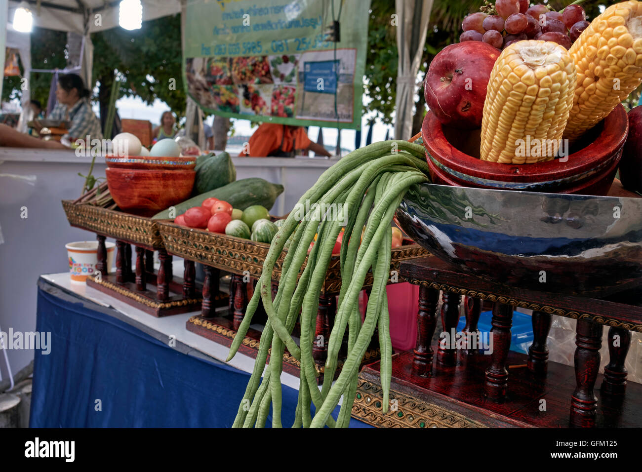 Selection of colourful vegetables on a Thai street food stall. Thailand S. E. Asia Stock Photo