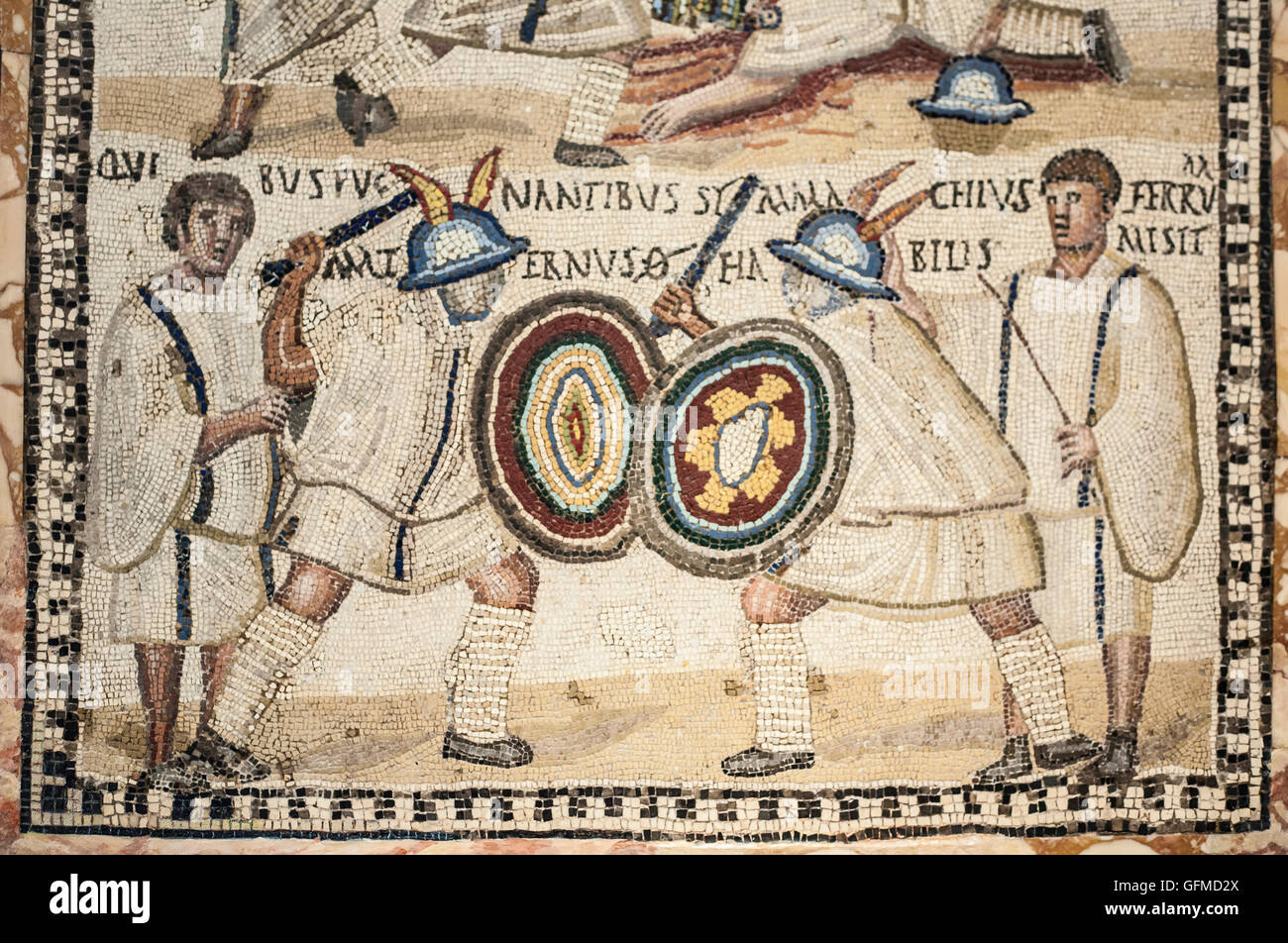 Madrid, Spain - July 11, 2016: Roman polychrome mosaic with the representation fighting gladiators at National Archeological  Mu Stock Photo