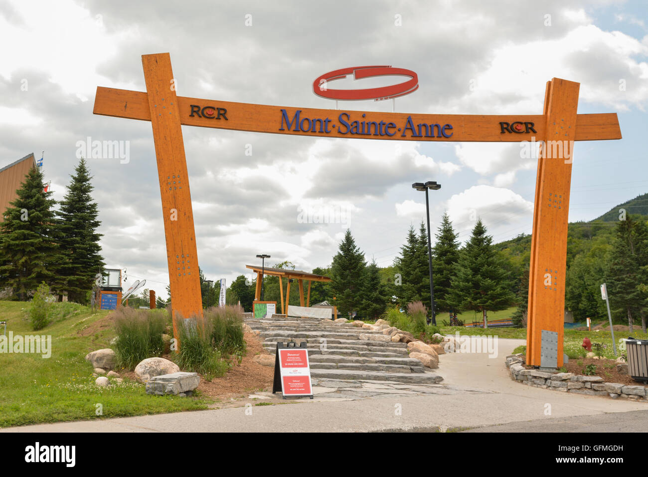 Mont-Sainte-Anne, Quebec, Canada - wooden sign at the entrance to the year round resort popular for skiing and mountain biking Stock Photo