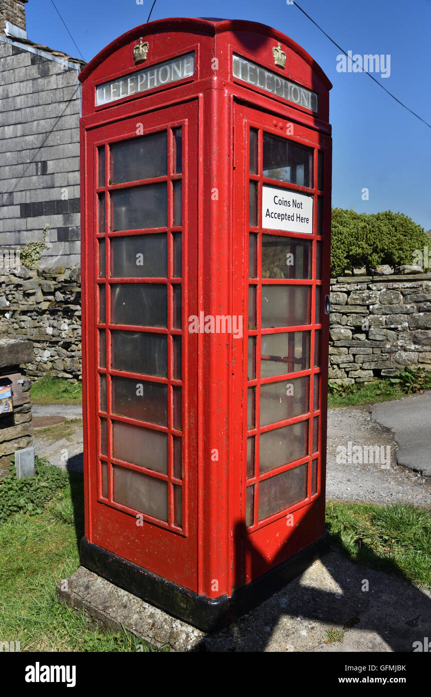 Red Telephone box, Gayle Village, Upper Wensleydale, Yorkshire Dales National Park, North Yorkshire, England, UK. Stock Photo