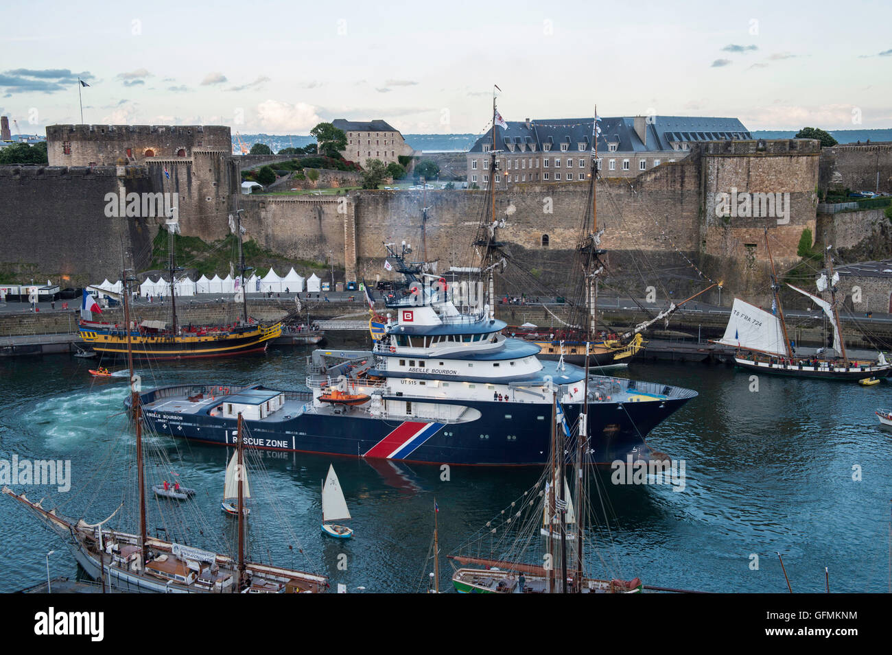 The Abeille Bourbon, a french rescue boat, doing a night parade,  in the port of Brest, western France, on July 13, 2016, on the first day of the Brest 2016 Maritime feast. Stock Photo