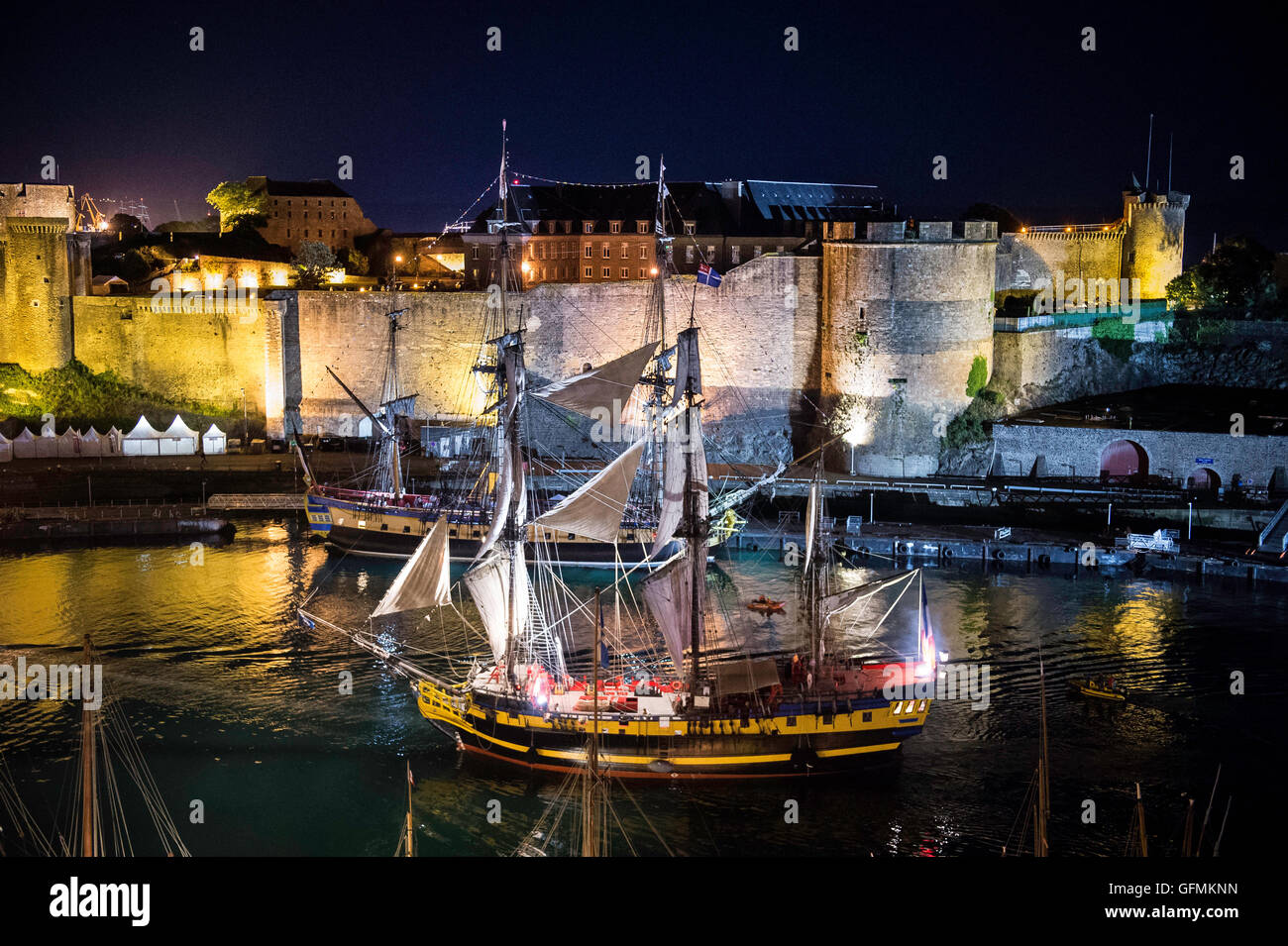 Night Parade front of the castle, at the entrance of Brest, western France, on July 13, 2016, on the first day of the Brest 2016 Maritime feast. Stock Photo