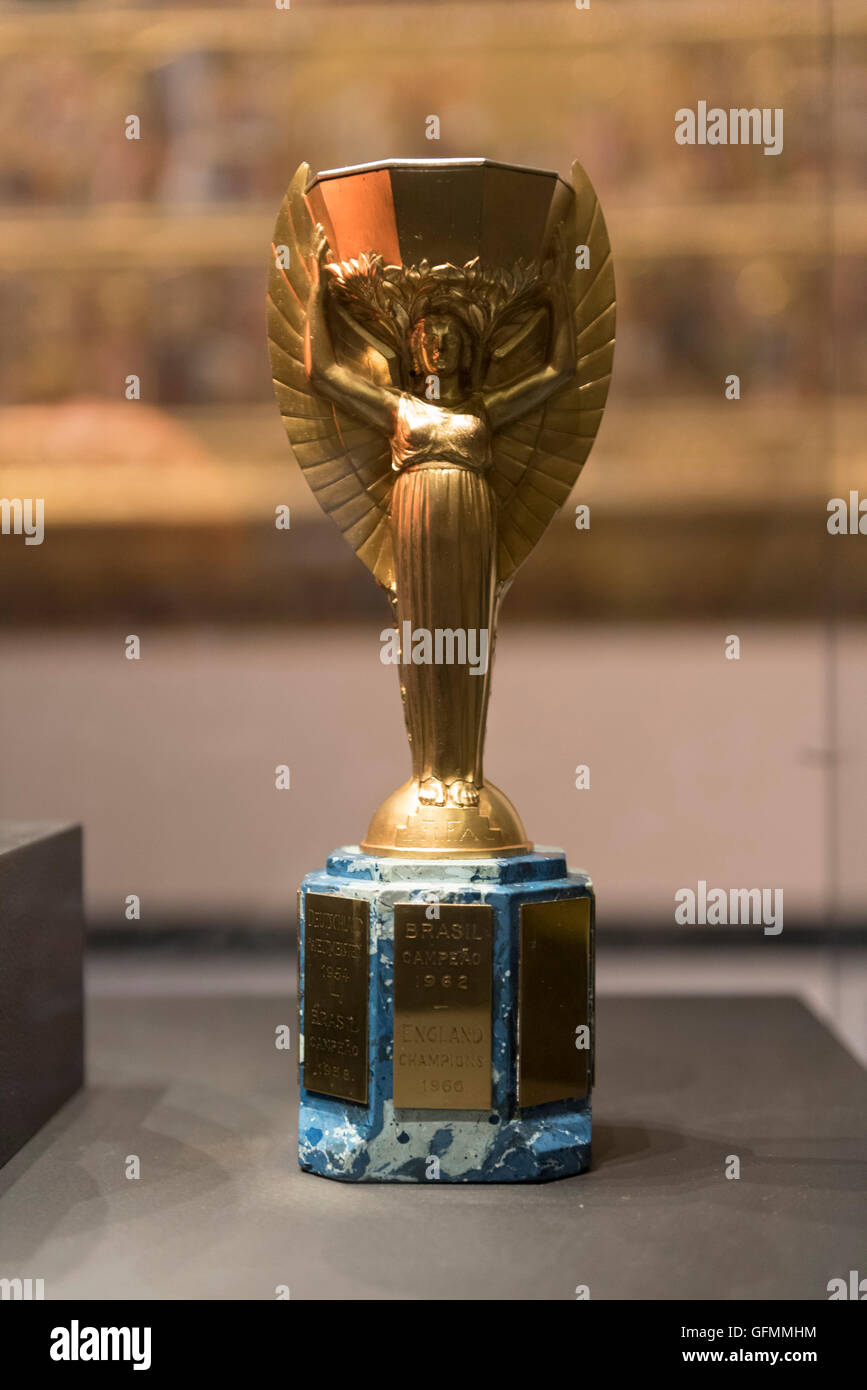 London, UK. 31 July 2016. The duplicate Jules Rimet trophy on display for one day only at the Victoria and Albert museum as part of the 50th anniversary of England winning the 1966 World Cup final. The trophy on display is the actual one that victorious players drank champagne out of. Brazil went on to win the trophy outright allowing them to keep it, but when the original was stolen, this trophy became the only one to have been present at the Wembley final and was later purchased by FIFA in 1997 for GBP 254,500. Credit: Stephen Chung / Alamy Live News Stock Photo
