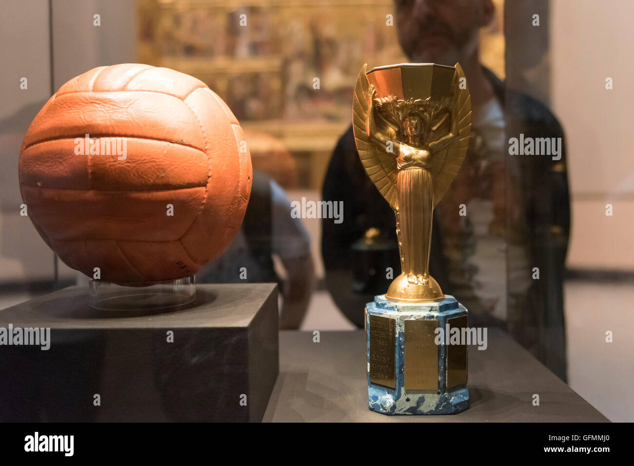 London, UK.  31 July 2016.  The actual match ball and duplicate Jules Rimet trophy on display for one day only at the Victoria and Albert museum as part of the 50th anniversary of England winning the 1966 World Cup final.  The trophy on display is the actual one that victorious players drank champagne out of.  Brazil went on to win the trophy outright allowing them to keep it, but when the original was stolen, this trophy became the only one to have been present at the Wembley final and was later purchased by FIFA in 1997 for GBP 254,500. Credit:  Stephen Chung / Alamy Live News Stock Photo