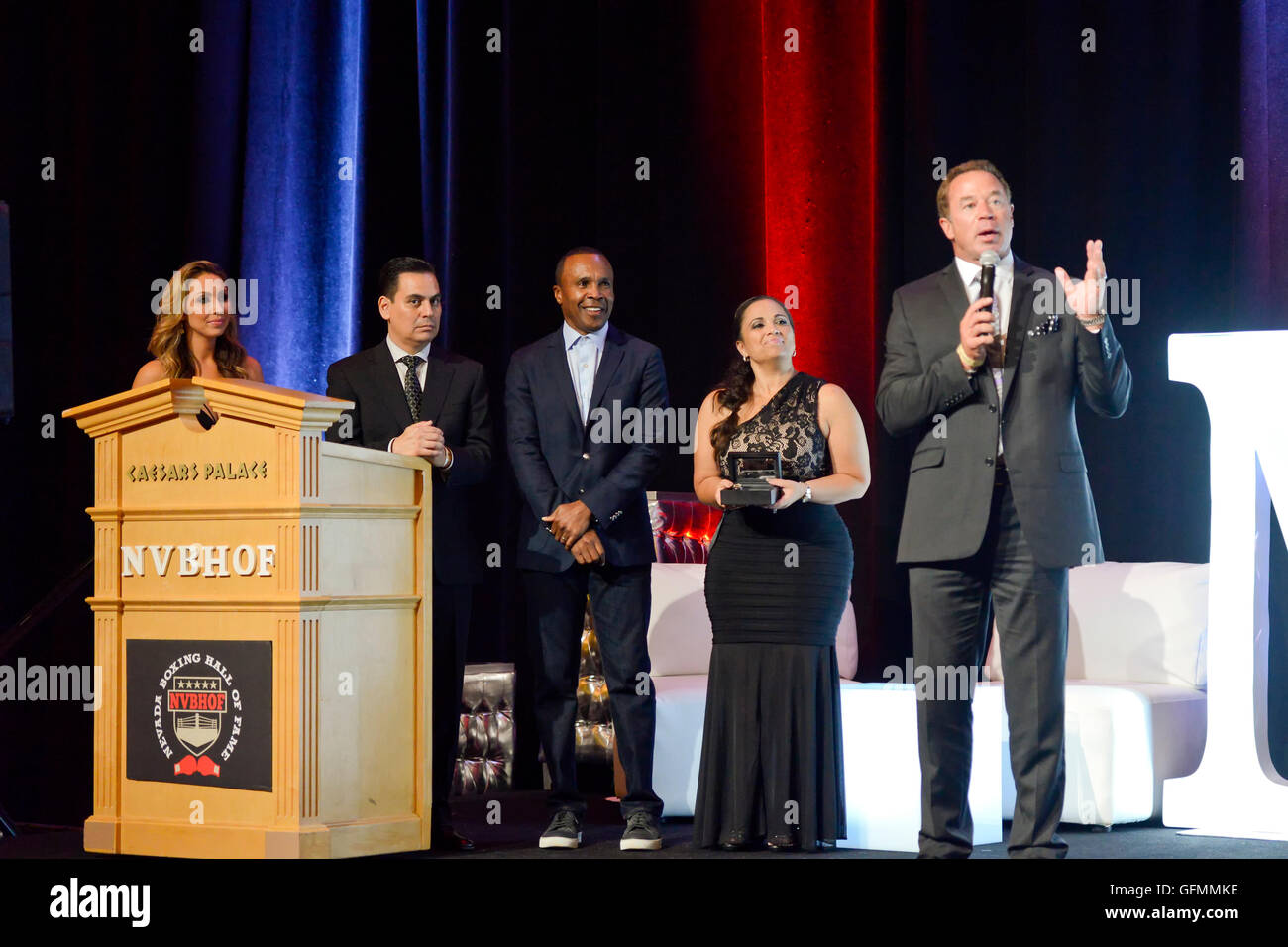 Las Vegas, Nevada, USA. 30th July, 2016.  Crystina Poncher, Bernado Osuna, Sugar Ray Leonard, Laila Ali at the 4th Annual Nevada Boxing Hall of Fame Induction Ceremony Credit:  Ken Howard/Alamy Live News Stock Photo