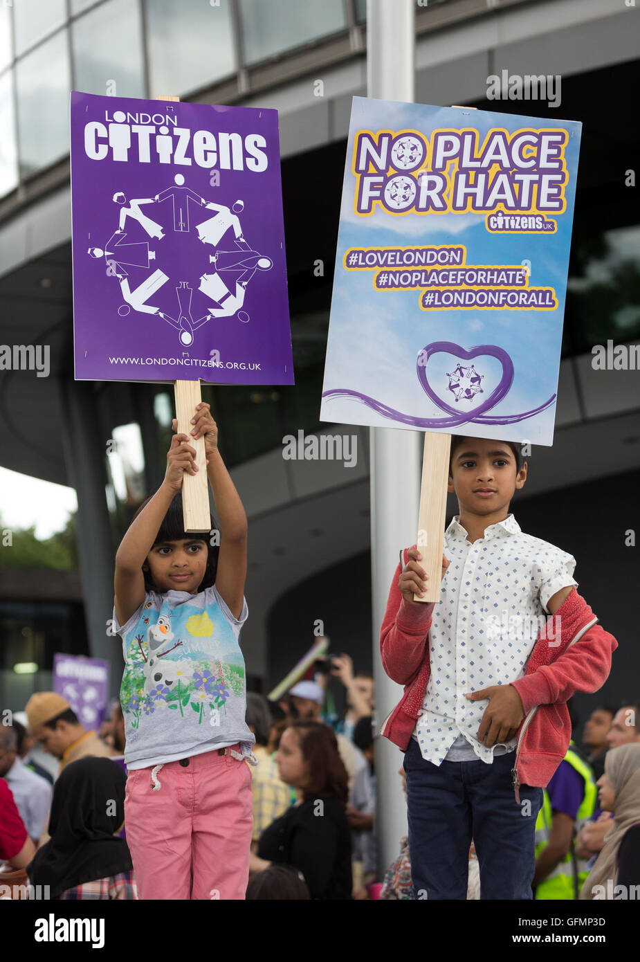 London, UK. 31st July 2016. Citizens UK stage a protest rally against racism and hate crime, marching from Tower Bridge to City Hall. Protesters of many different nationalities and religions are campaigning for zero tolerance and no place for hate crime in London, which is reported to have increased significantly since the referendum and Brexit. Credit:  Vickie Flores/Alamy Live News Stock Photo