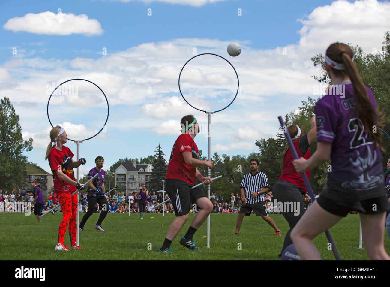 Calgary, Canada. 31st July, 2016. Quidditch ball heads towards goal post during match between University of Calgary Mudbloods and Calgary Kelpies in Riley Park celebrating Harry Potter's Birthday. Credit: Rosanne Tackaberry/Alamy Live News. Stock Photo