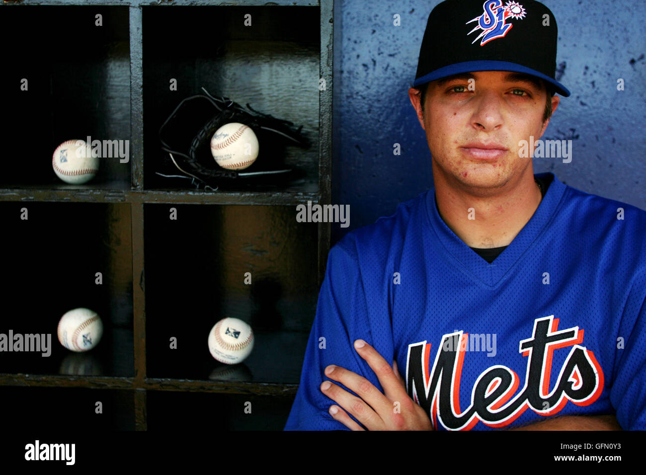 August 1, 2016 - Florida, U.S. - 040208 tc spt mets-- (3 of 5)--0051113A- Staff Photos by Amanda Voisard/The Palm Beach Post----for tc spt story by Chuck King ---  Port St. Lucie-- St. Lucie Mets player Brant Rustich at in the St. Lucie Mets dugout at Tradition Field on Wednesday-- 04/02/08 NOT FOR DISTRIBUTION OUTSIDE COX PAPERS. OUT PALM BEACH, BROWARD, MARTIN, ST. LUCIE, INDIAN RIVER AND OKEECHOBEE COUNTIES IN FLORIDA. OUT ORLANDO. OUT TV. OUT MAGAZINES. OUT TABLOIDS. OUT WIDE WORLD. OUT INTERNET USE. NO SALES. (Credit Image: © Amanda Voisard/The Palm Beach Post via ZUMA Wire) Stock Photo