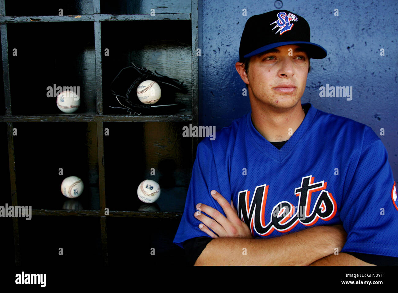 August 1, 2016 - Florida, U.S. - 040208 tc spt mets-- (4 of 5)--0051113A- Staff Photos by Amanda Voisard/The Palm Beach Post----for tc spt story by Chuck King ---  Port St. Lucie-- St. Lucie Mets player Brant Rustich at in the St. Lucie Mets dugout at Tradition Field on Wednesday-- 04/02/08 NOT FOR DISTRIBUTION OUTSIDE COX PAPERS. OUT PALM BEACH, BROWARD, MARTIN, ST. LUCIE, INDIAN RIVER AND OKEECHOBEE COUNTIES IN FLORIDA. OUT ORLANDO. OUT TV. OUT MAGAZINES. OUT TABLOIDS. OUT WIDE WORLD. OUT INTERNET USE. NO SALES. (Credit Image: © Amanda Voisard/The Palm Beach Post via ZUMA Wire) Stock Photo