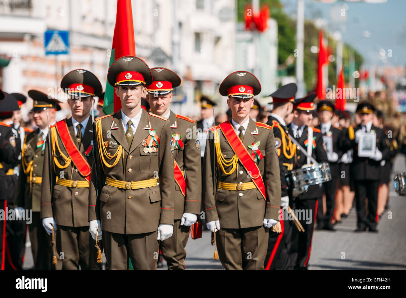 Gala Formation Of Officers  Of Armed Forces Of The Republic of Belarus, Nowaday Belarusian Army With National Flag. The Parade O Stock Photo
