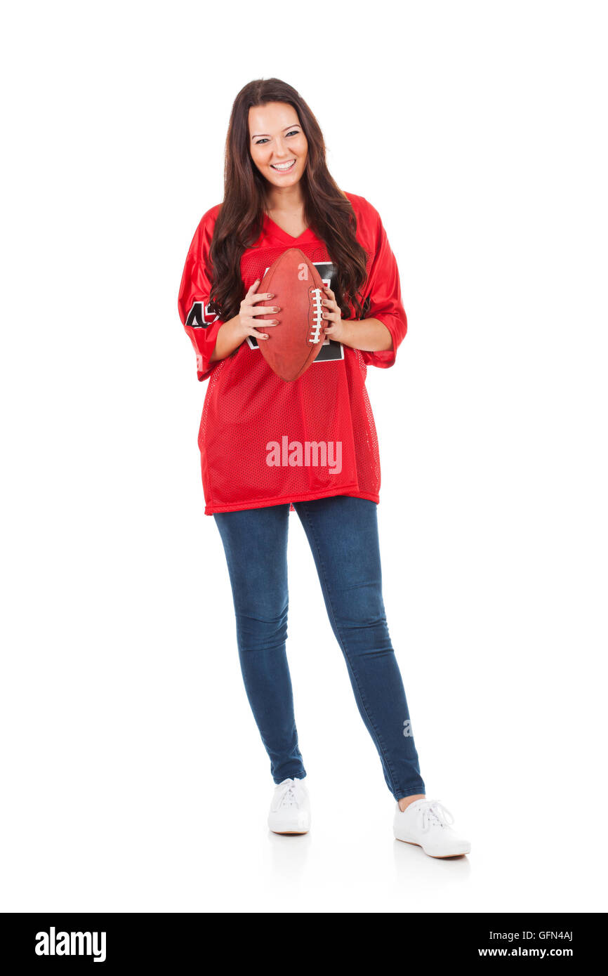 Pretty woman in football jersey ready 