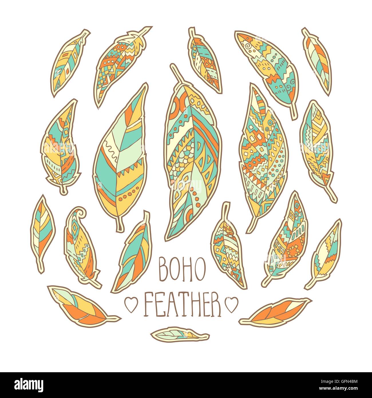 Set of hand drawn colorful feathers isolated on white background Stock ...