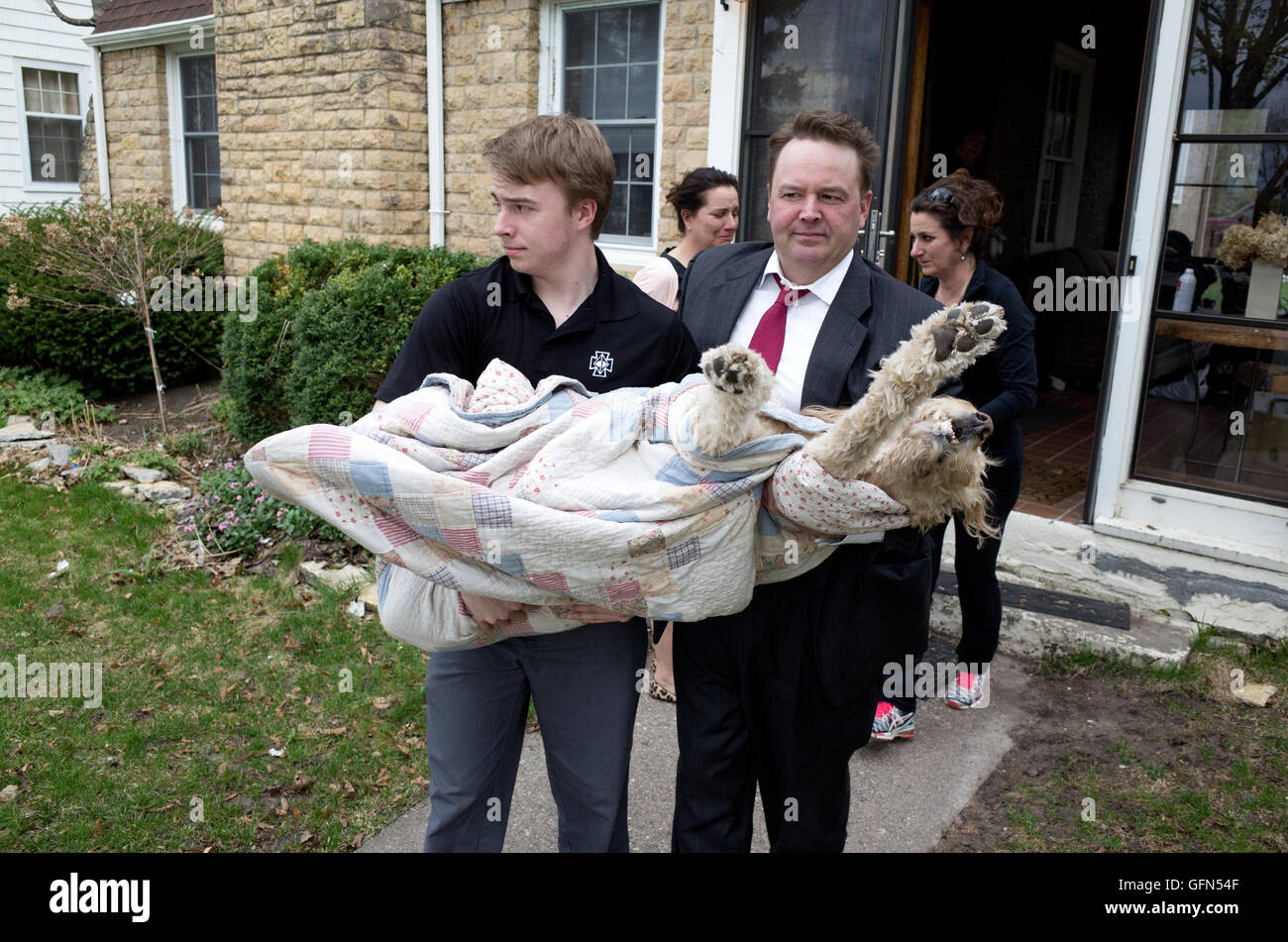 Father and son carrying our deceased granddog Gunnar to the vet for eventual cremation (whaa). St Paul Minnesota MN USA Stock Photo