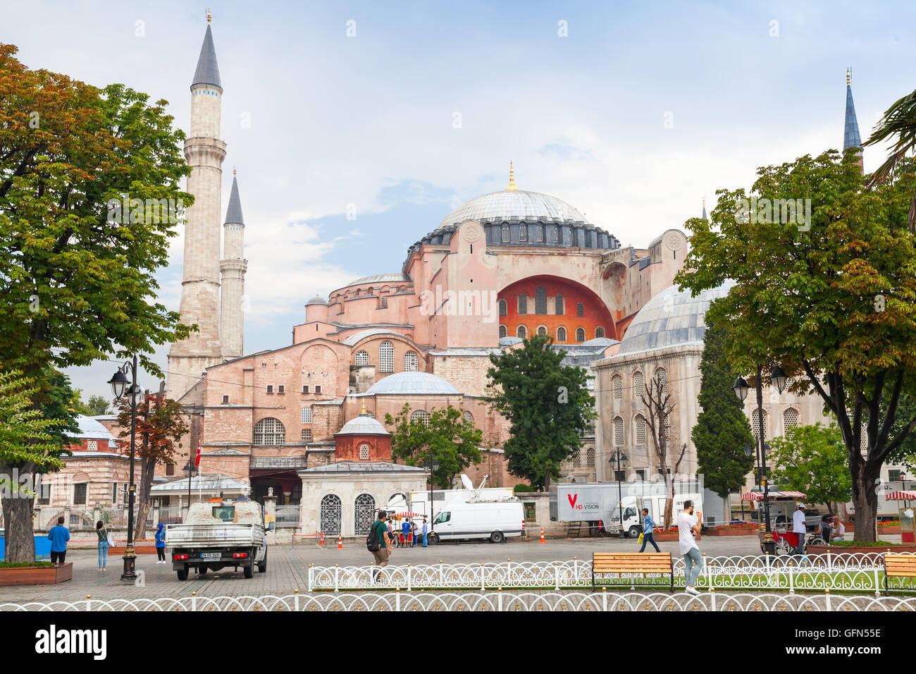 Istanbul, Turkey - June 28, 2016: Street view of Hagia Sophia, Istanbul. Ordinary people and tourists walk nearby Stock Photo