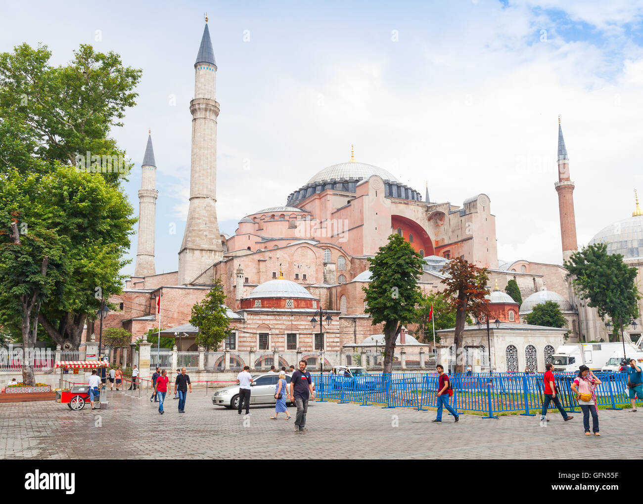 Istanbul, Turkey - June 28, 2016: Ordinary people and tourists walk on the street nearby Hagia Sophia, Istanbul Stock Photo