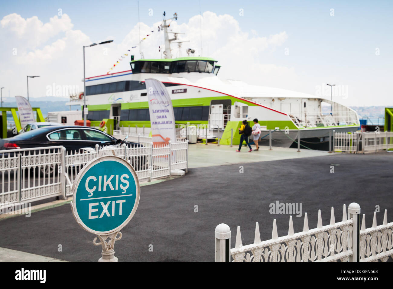 Istanbul, Turkey - July 1, 2016: Passenger ferry loading in Budo Kabatas Seaport, passengers go on board Stock Photo