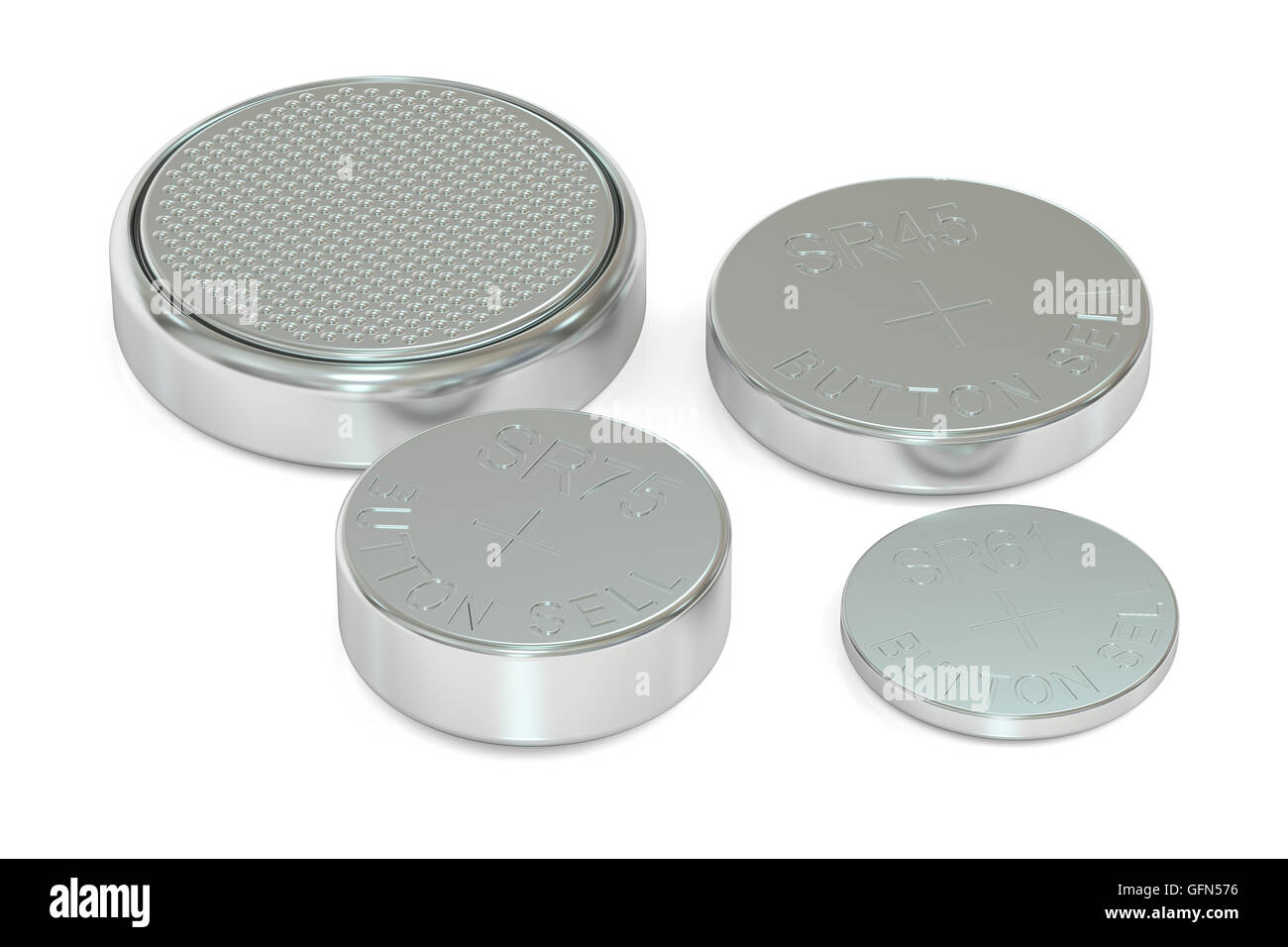 Set of button cell batteries, 3D rendering isolated on white background