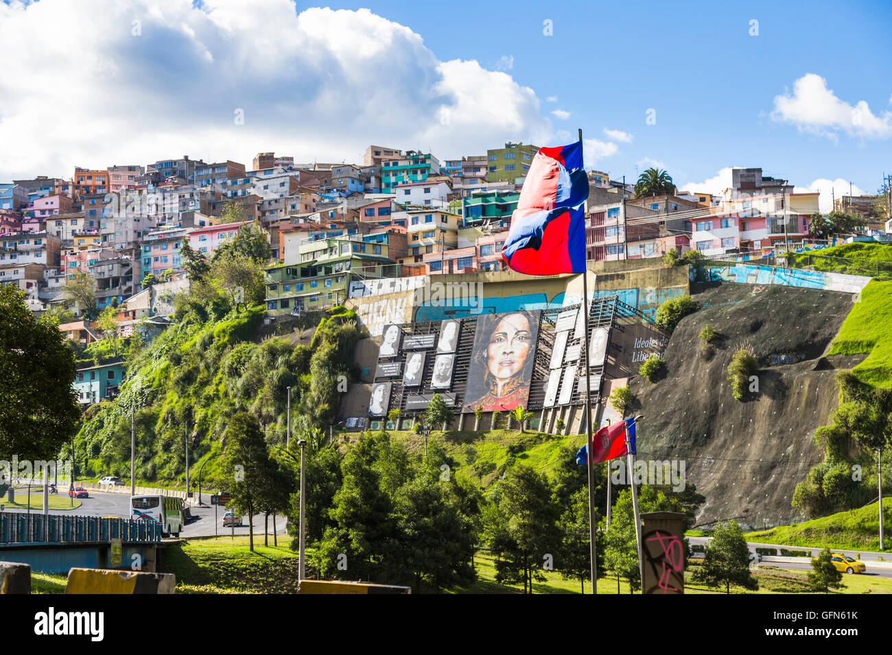 Portraits of local Ecuadorian women and ideas of liberty and colourful hillside houses, Quito, capital city of Ecuador, South America Stock Photo
