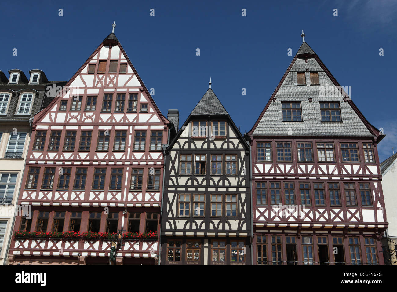 Reconstructed half-timbered houses of the Ostzeile (Eastline) at the Romerberg in Frankfurt am Main, Hesse, Germany. Stock Photo