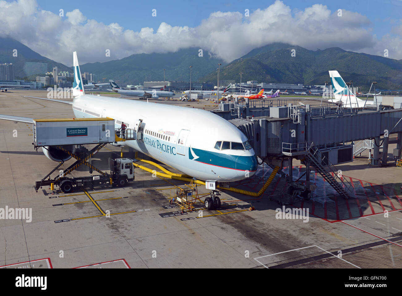 Cathay Pacific jet airplane at Hong Kong International airport, which