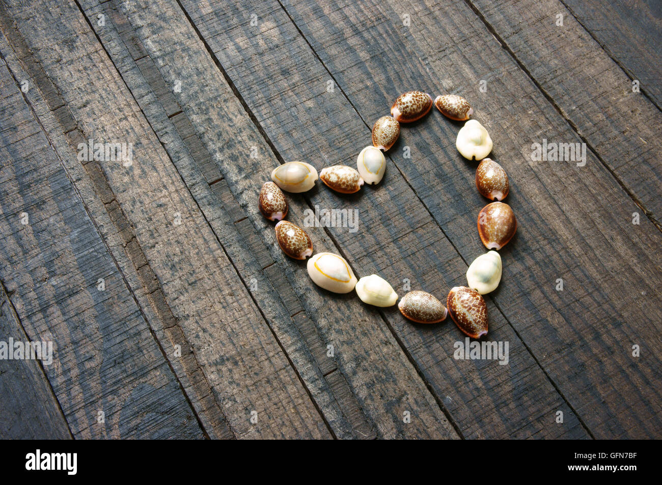 I love you message by shell on wooden background, heart shape, symbol of love with simplicity, idea for valentine day, mother day Stock Photo