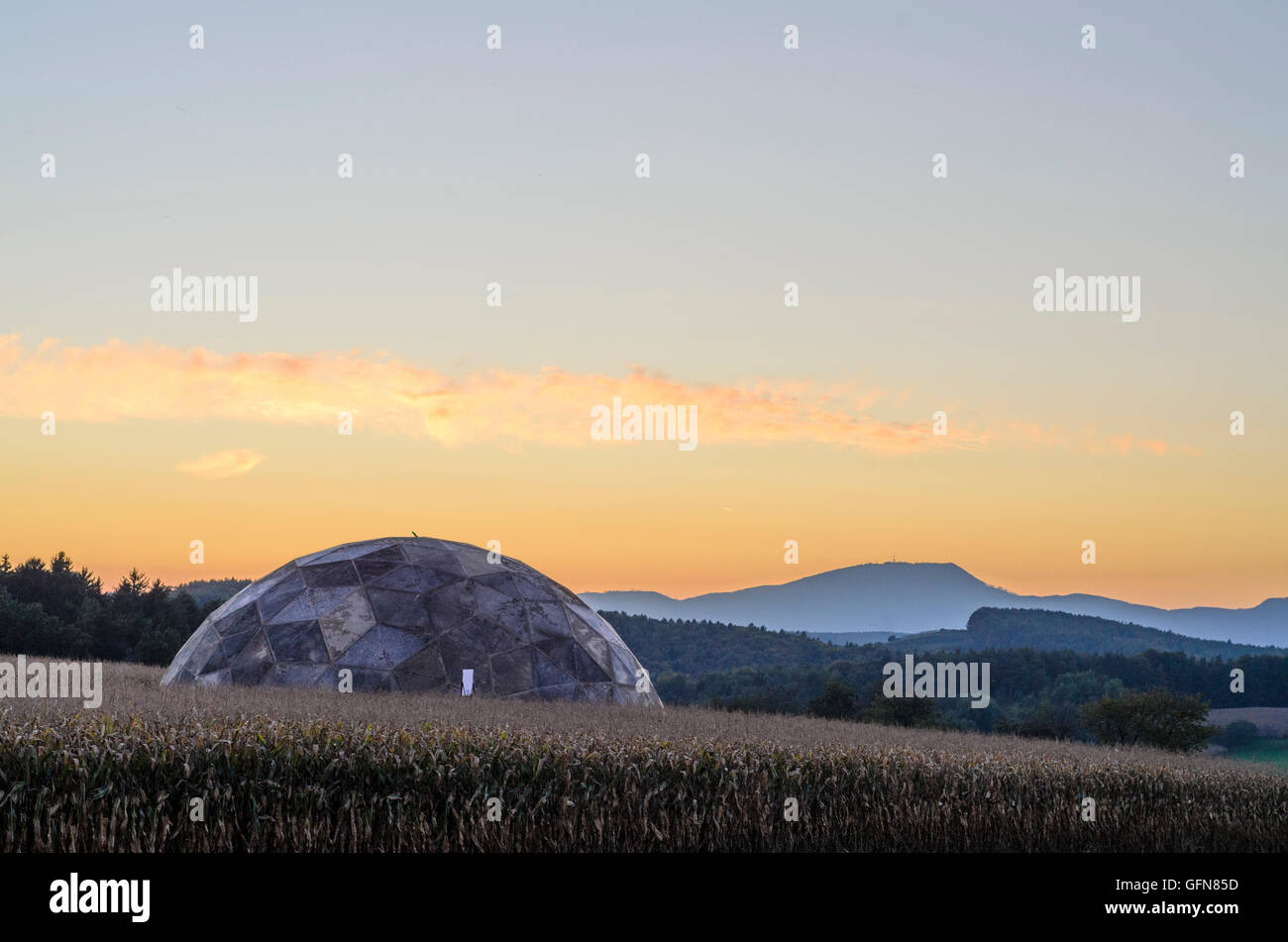 Pischelsdorf in der Steiermark: Sound cathedral and look to mount Kulm at sundown, Austria, Steiermark, Styria, Steirisches Ther Stock Photo