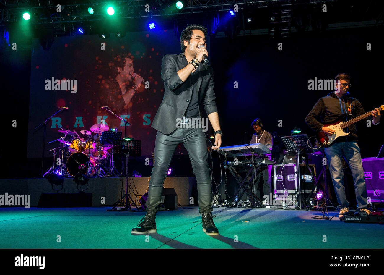 Indian singer Rakesh Maini performs live at the HKCEC. Ramesh was a runner-up in Indian Idol 5. Stock Photo