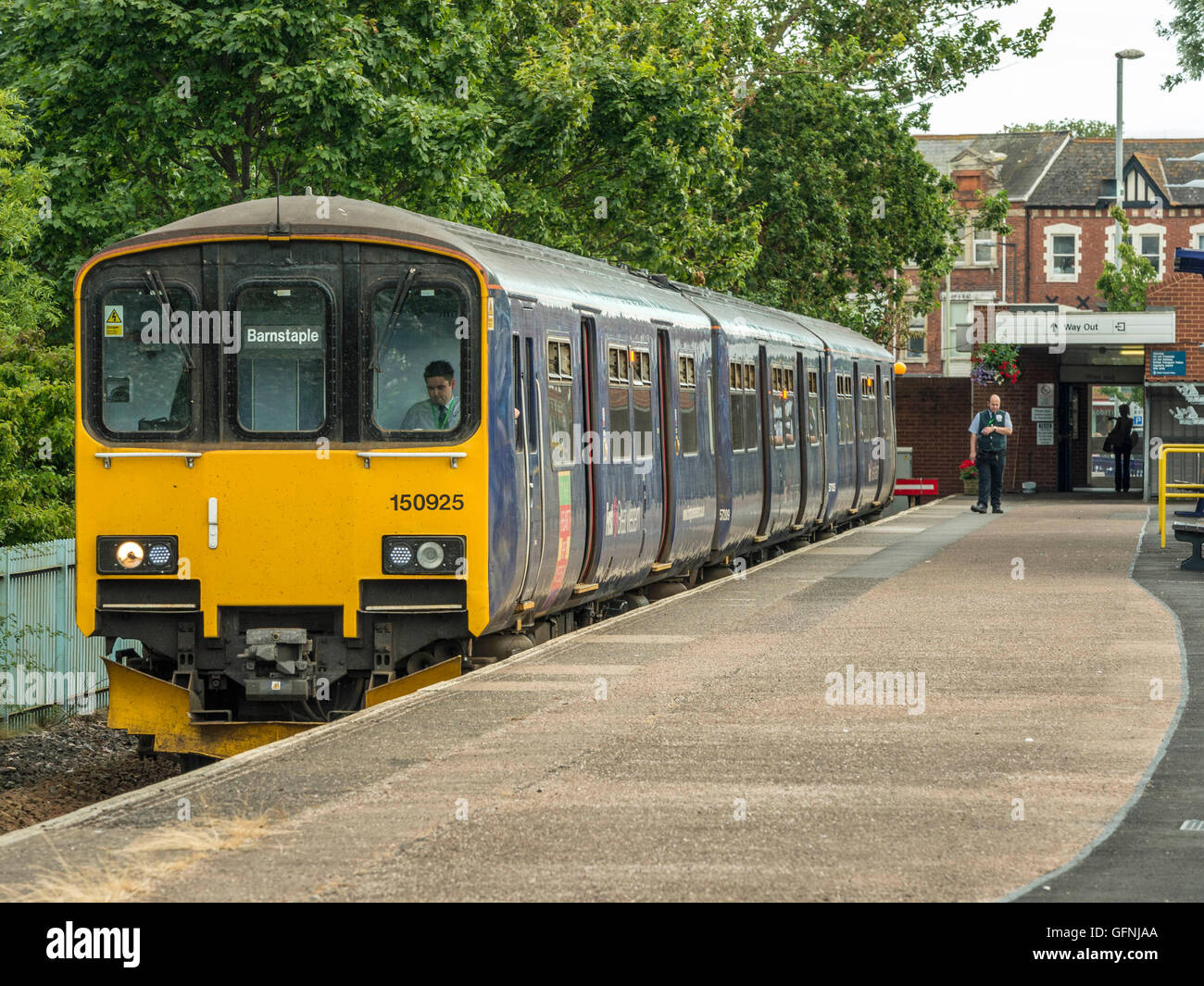 Great Western Train formed of three carriages waits at Exmouth Station bound for Barnstaple along the picturesque Avocet line. Stock Photo