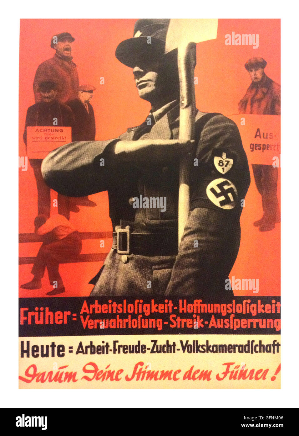 1937 NSDAP ADOLF HITLER propaganda poster, featuring a Nazi Party member in uniform wearing a swastika armband, saluting as he is holding up a shovel, with unemployed or striking workers in the background. 'On March 29, vote for Adolf Hitler, who will end unemployment and civil strife in Germany' Stock Photo
