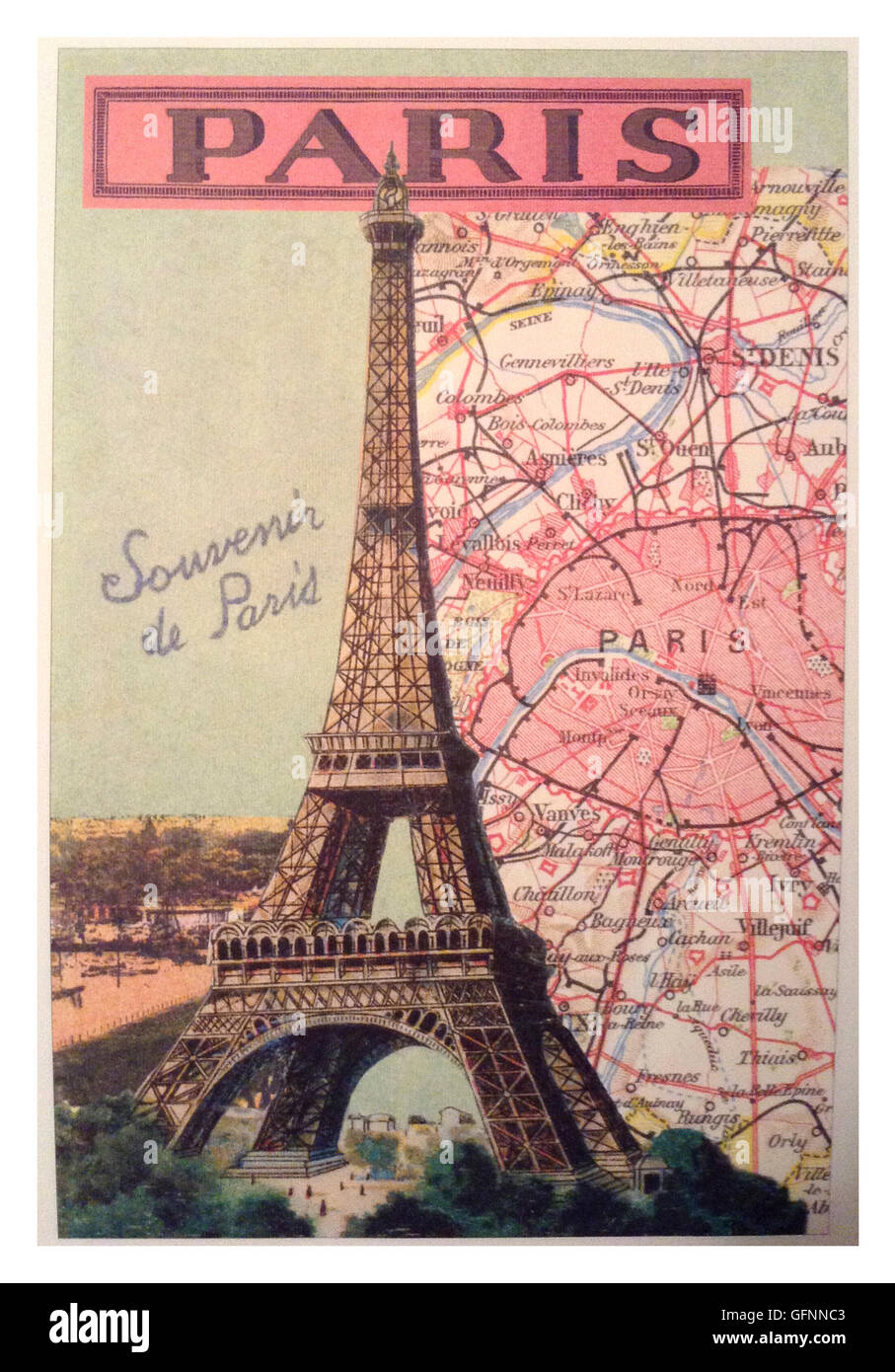 1900's retro vintage travel poster for Paris and The Eiffel Tower - 'souvenir de Paris' Stock Photo