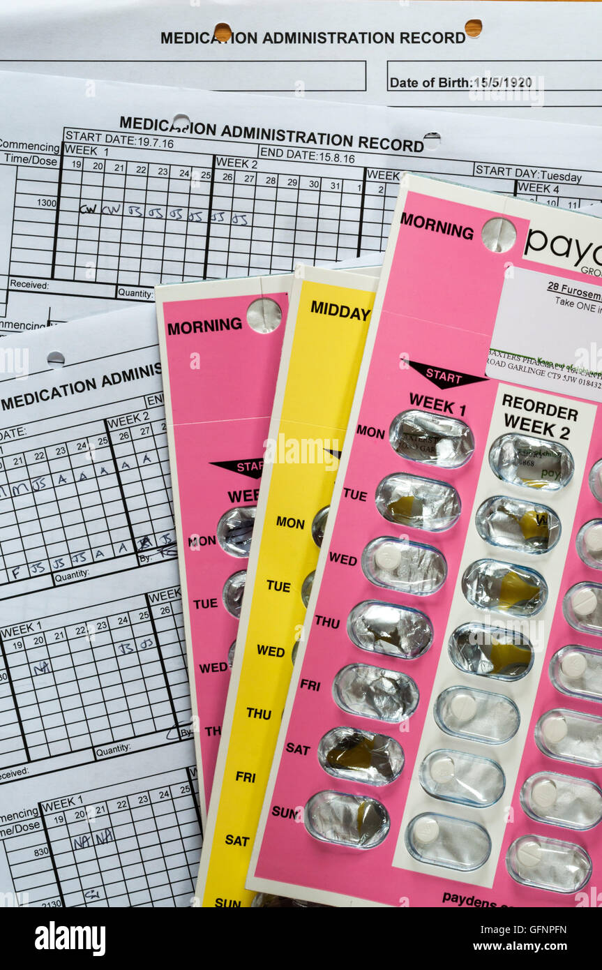 Medication Administration Record sheets with pills in blister packs - often used to dispense medication in care homes. Stock Photo