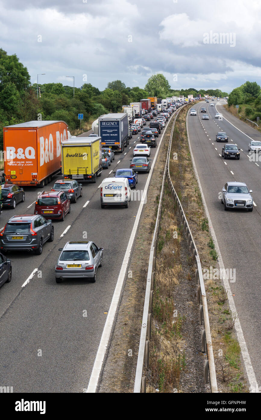 Traffic queuing on M5 leaving the West Country near Taunton. View is to east. Stock Photo