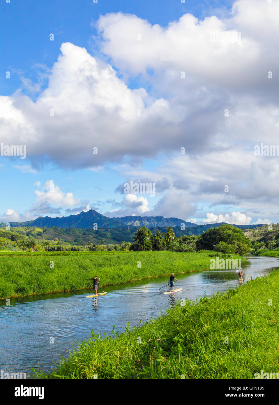 SUPs on the Hanalei River on Kauai Stock Photo