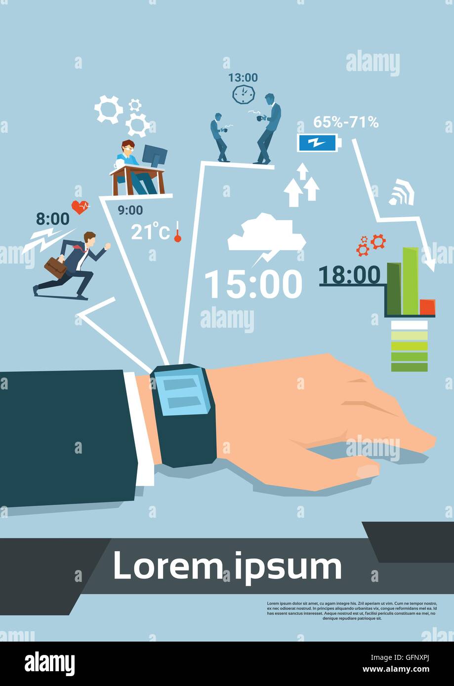 Business Man Hand With Smart Watch Daily Routine Set Stock Vector Image ...
