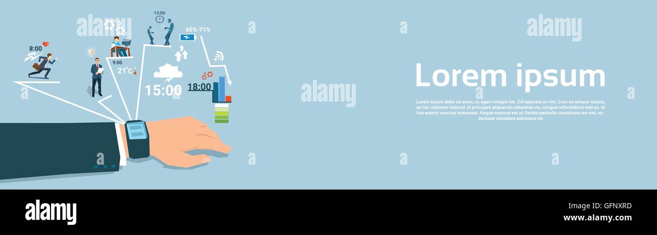 Business Man Hand With Smart Watch Daily Routine Set Banner Stock ...