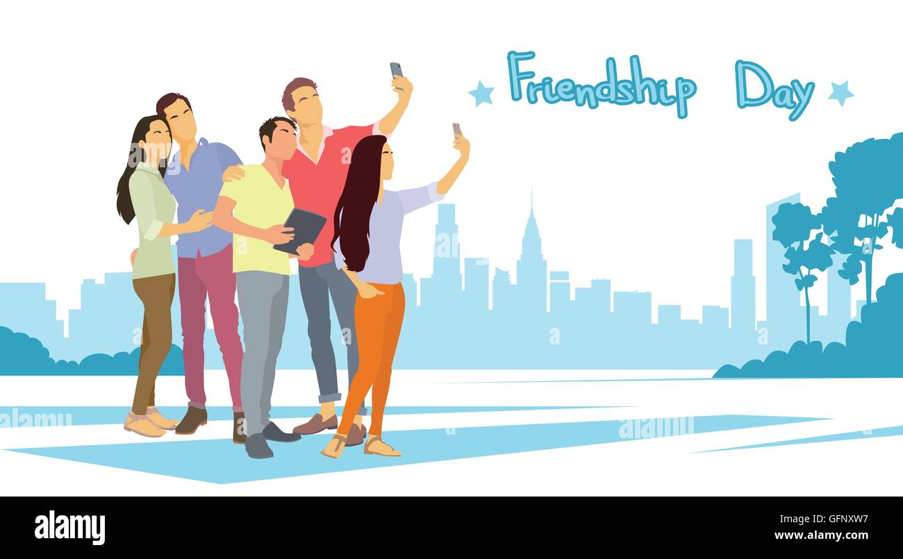 Silhouette People Group Make Selfie Photo Over City Background