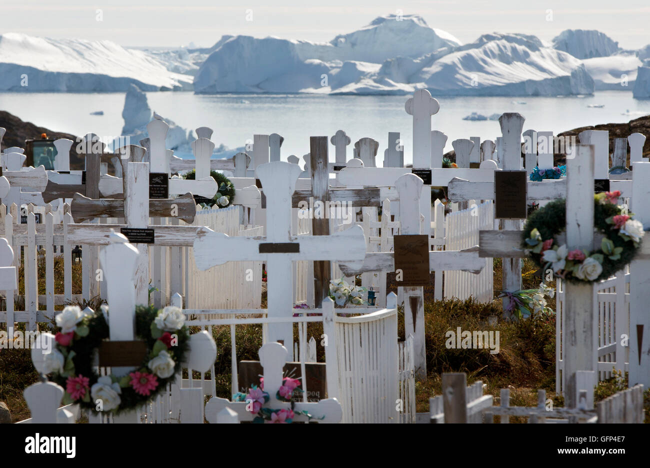 Wooden crosses in a cemetery with the icefjord in the background, Ilulissat, Greenland Stock Photo