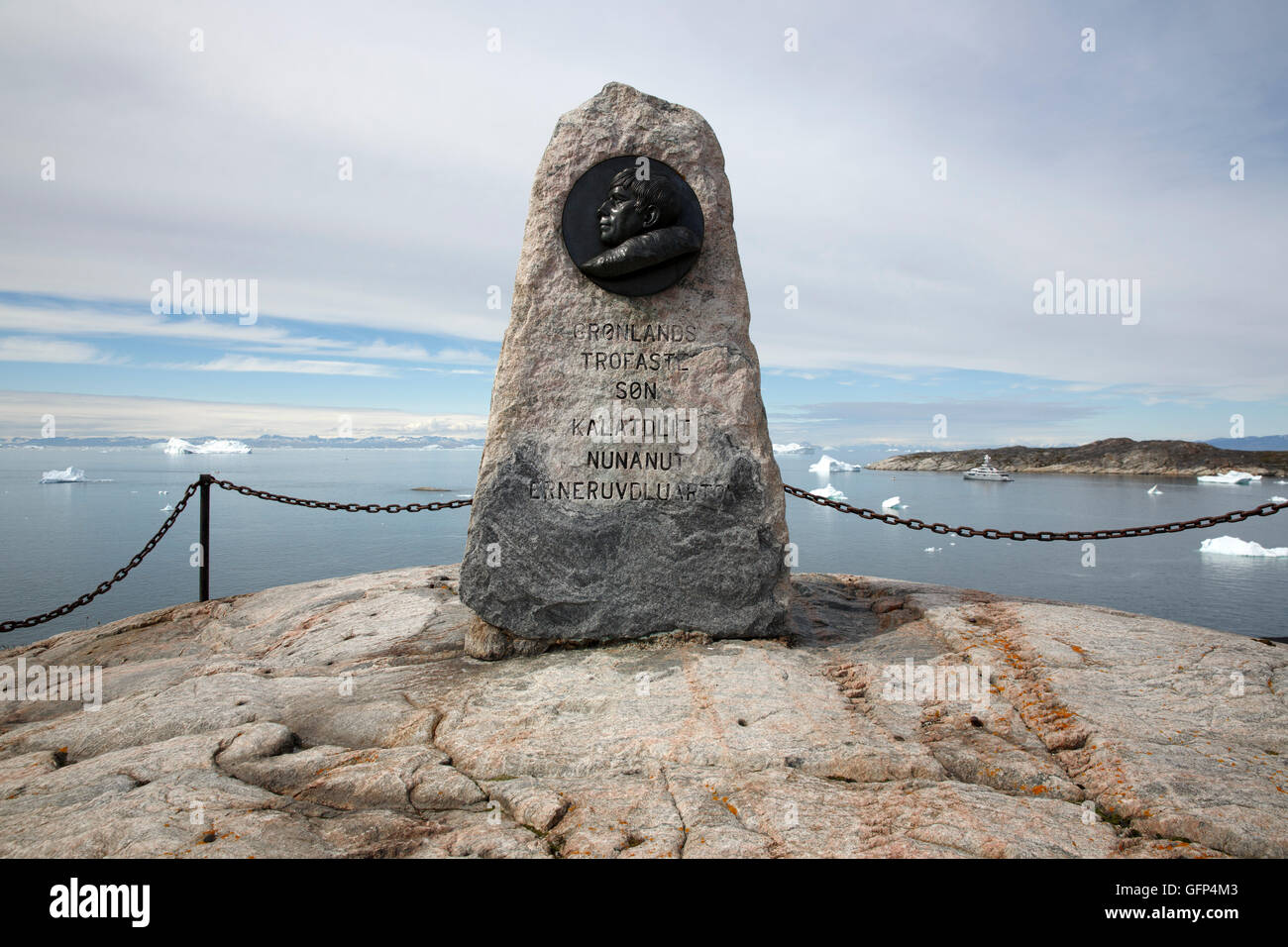 Monument overlooking Disko Bay that reads, Greenland Faithful Son, Ilulissat, Greenland Stock Photo