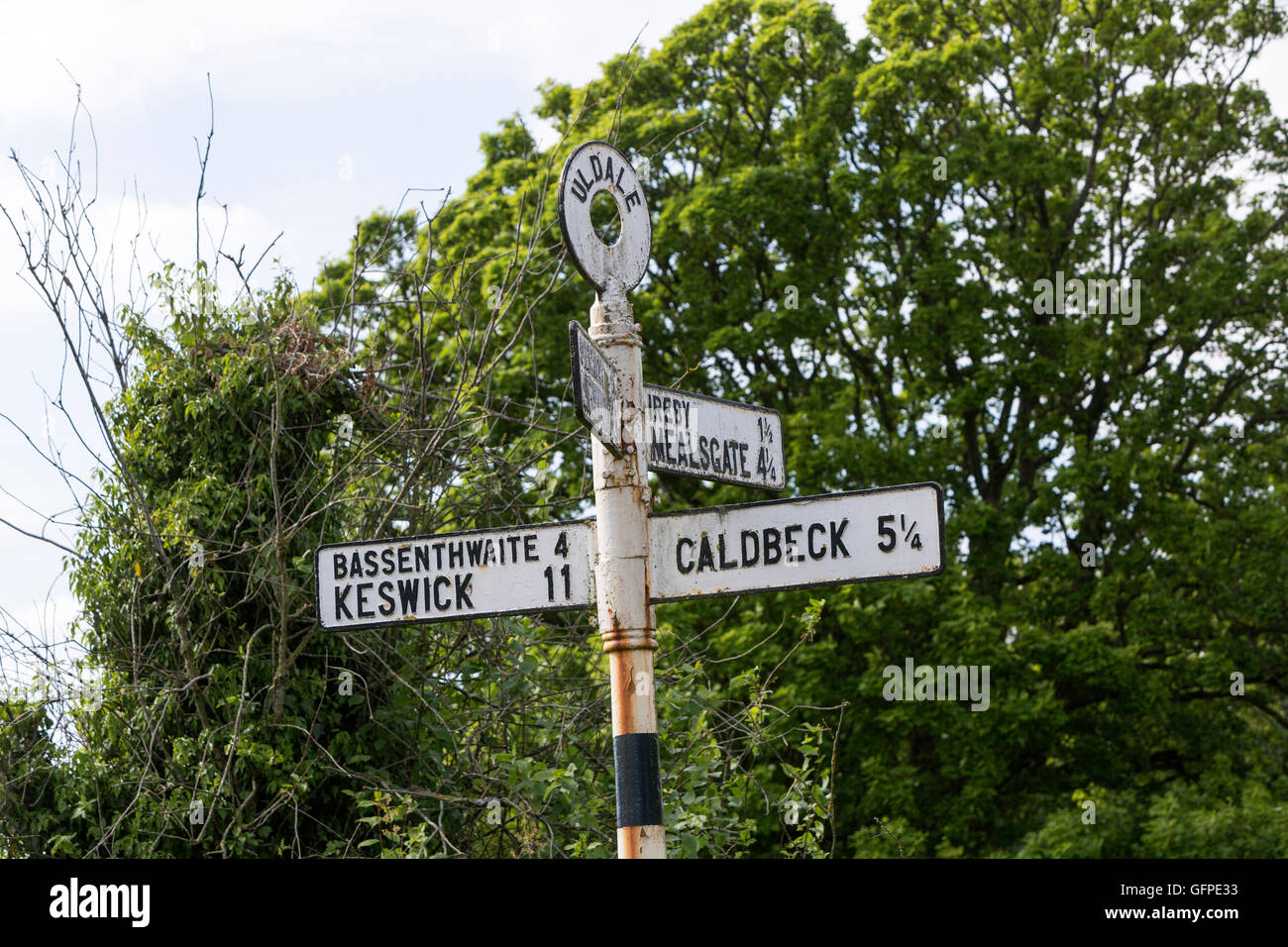 Lakes District road sing to Keswick, Cumbria, England, UK Stock Photo