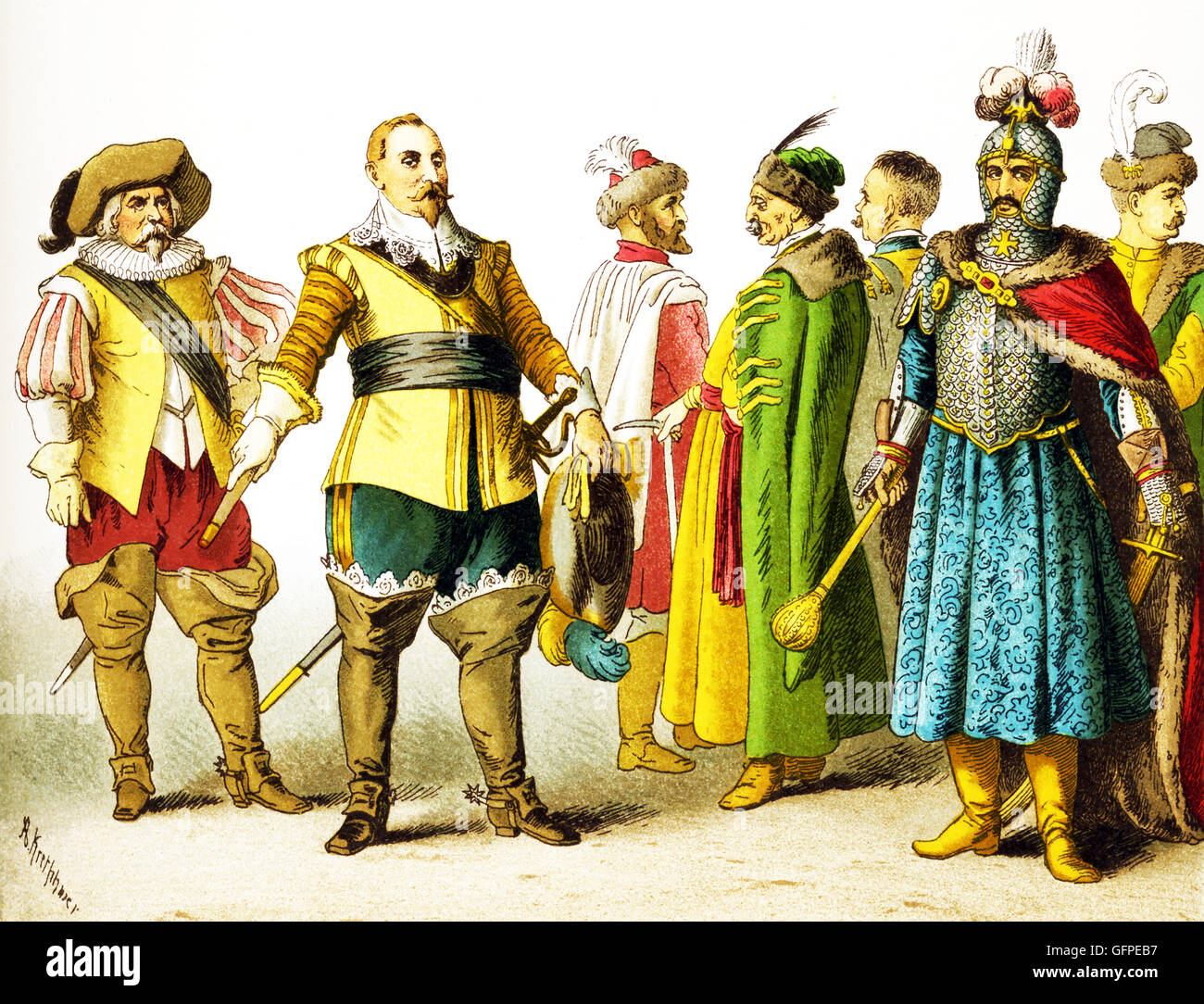 The figures shown here represent, from left to right, are: a Swede, Gustavus Adolphus (died 1632), three Poles, King John Sobiesky, and a Pole. The clothes, attire, and names all date to the 1600s.The illustration dates to 1882. Stock Photo