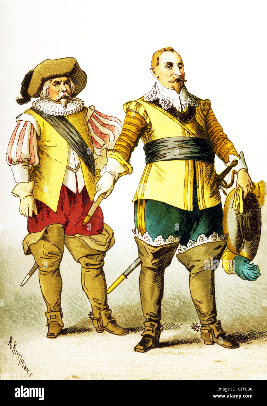 The figures shown here represent, from left to right, are: a Swede and Swedish king Gustavus Adolphus (died 1632).The illustration dates to 1882. Stock Photo