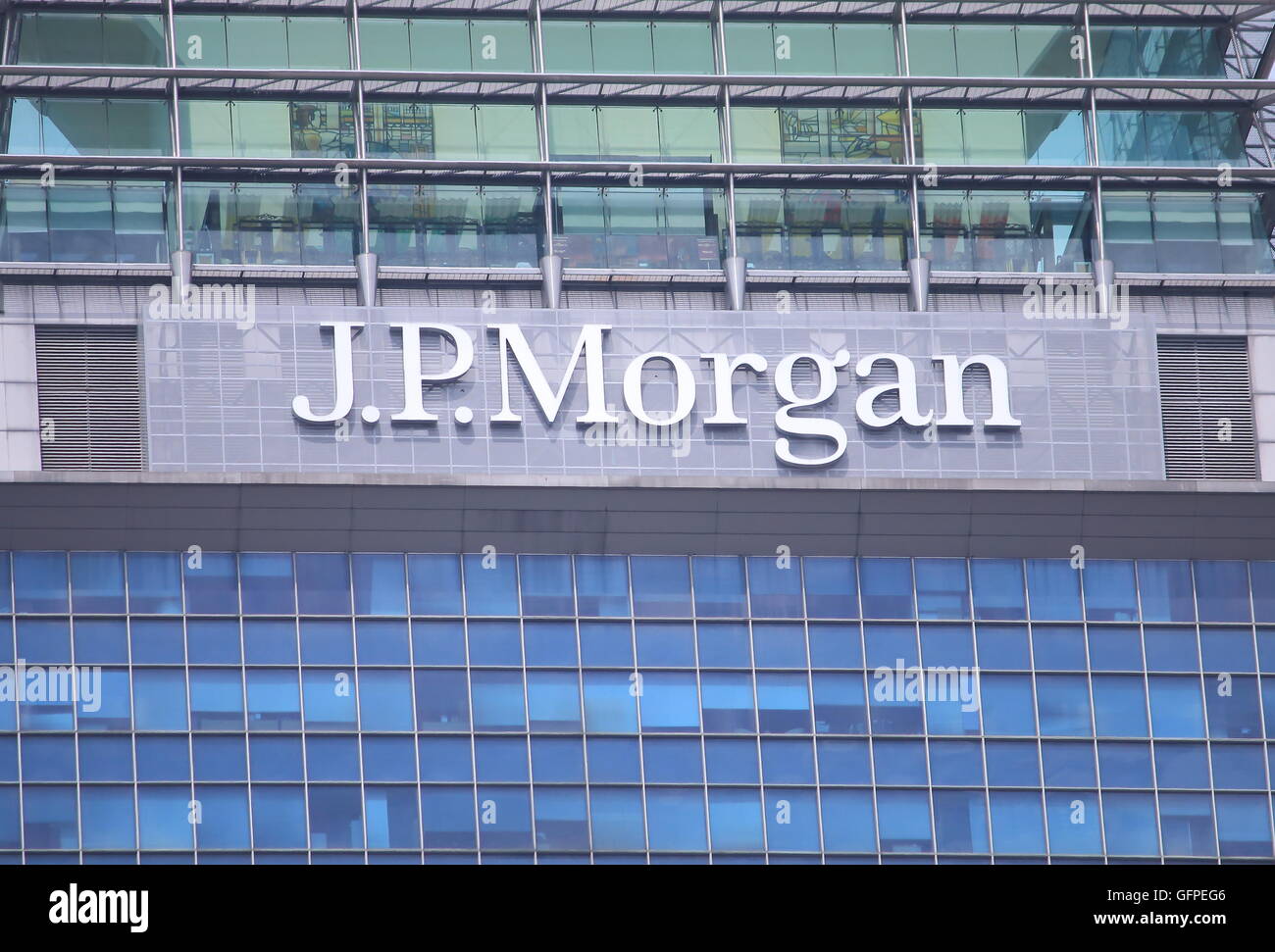 JP Morgan company logo, an American multinational banking and financial services holding company and the largest bank in the USA Stock Photo