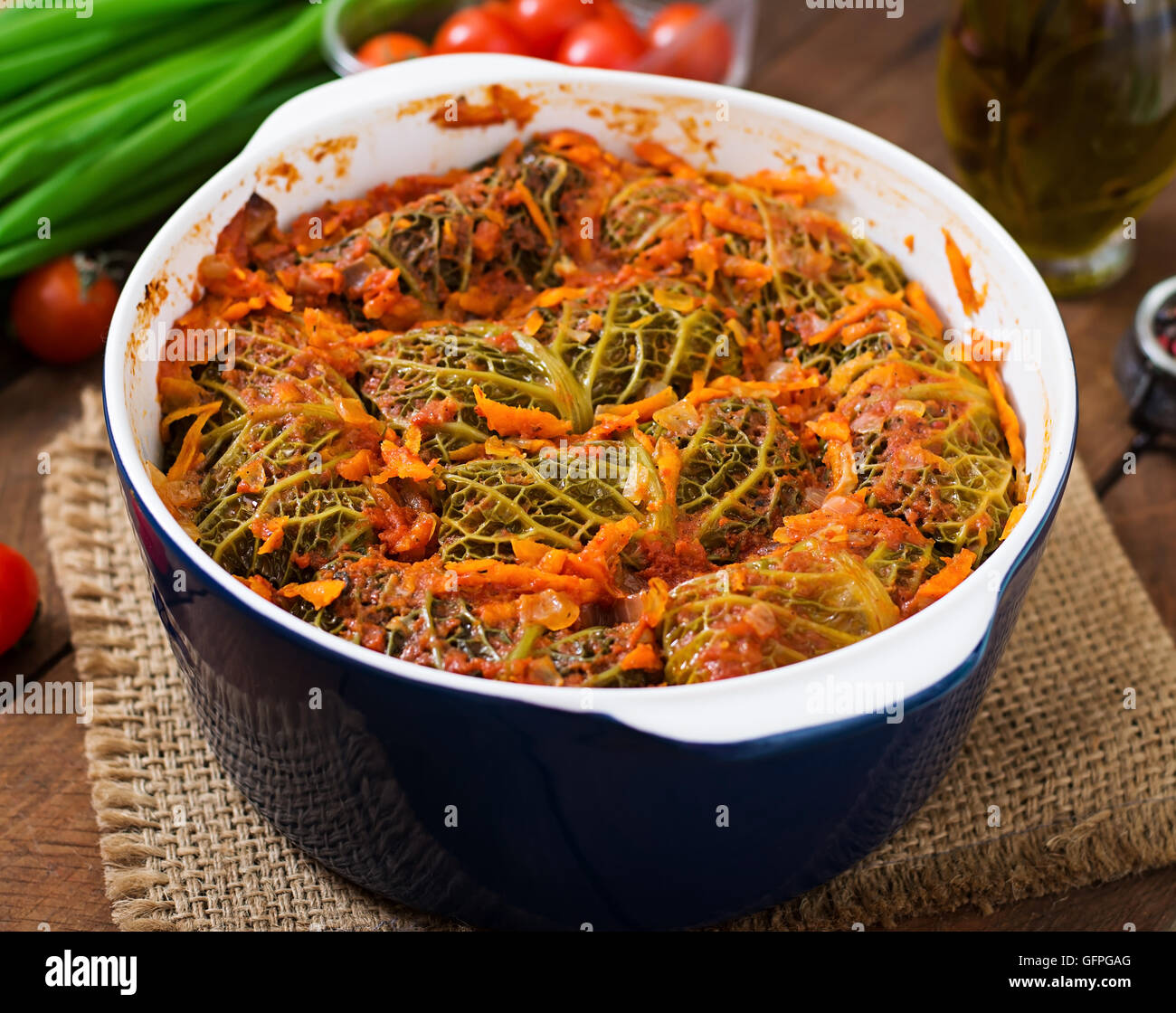 Stuffed savoy cabbage rolls in tomato sauce Stock Photo Alamy