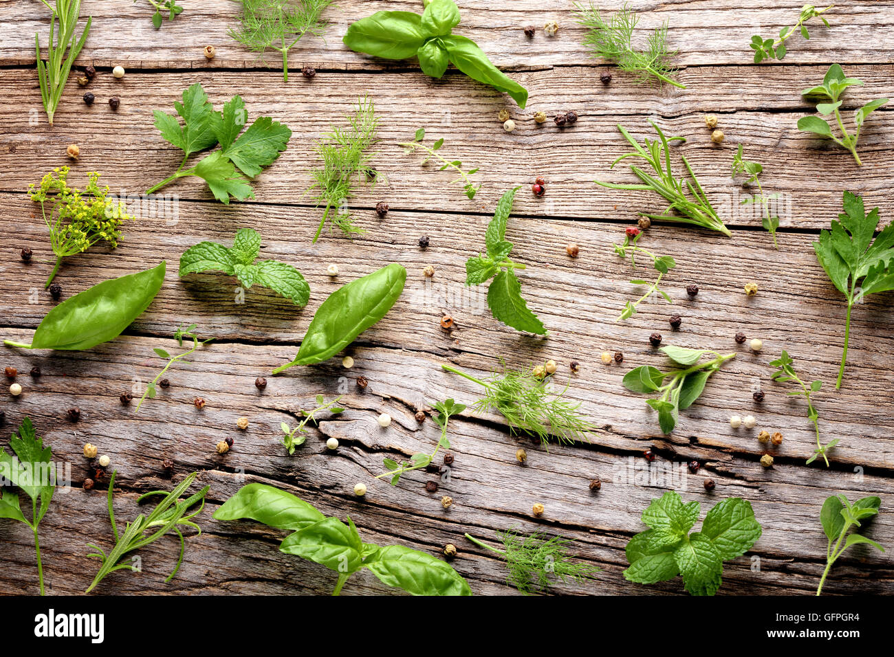 herbs and spice on wooden table Stock Photo